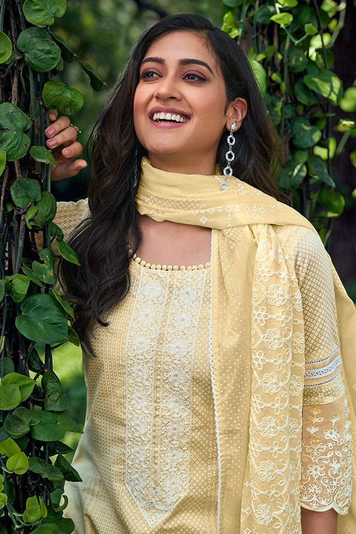 Cream Color Designer Straight Cut Salwar Suit With Khadi Block Print And Fancy Latkan
