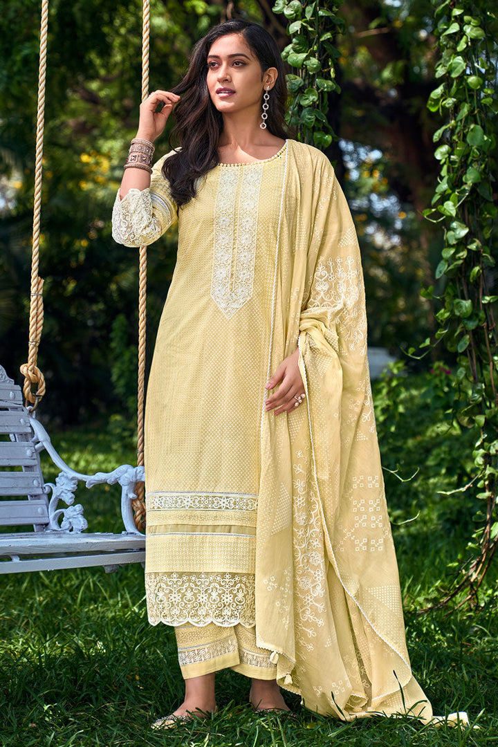 Cream Color Designer Straight Cut Salwar Suit With Khadi Block Print And Fancy Latkan