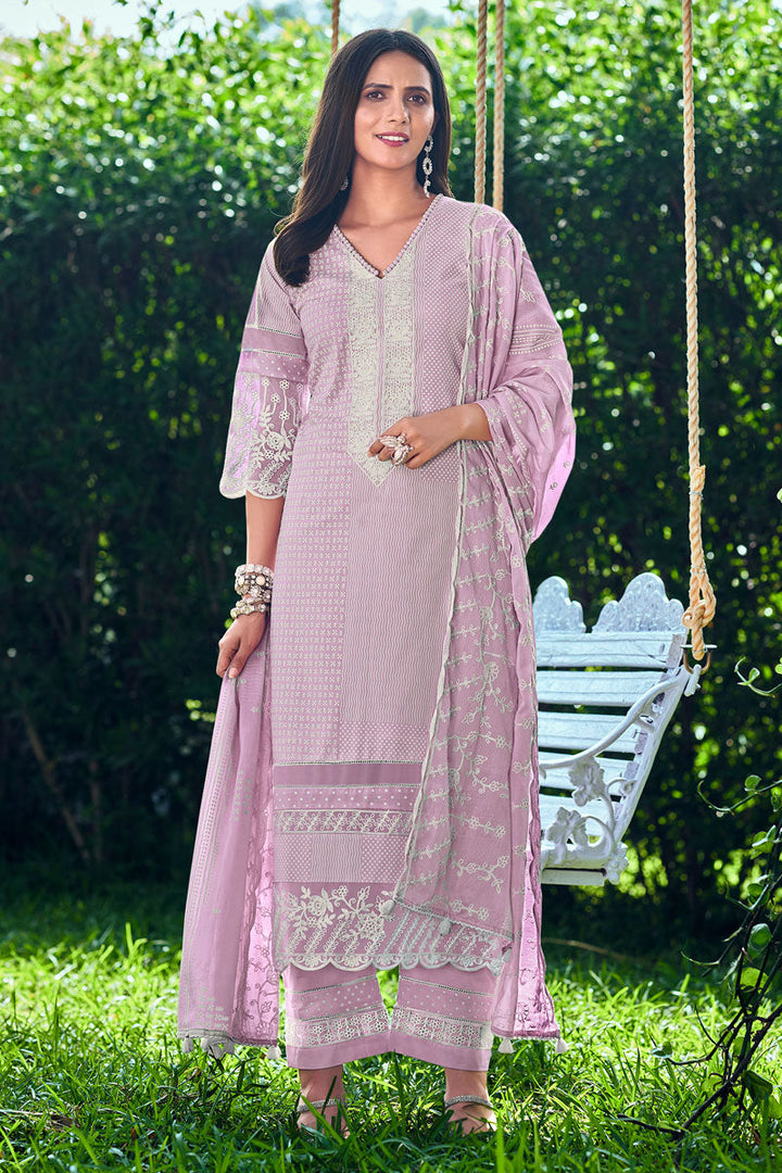 Pure Cotton Function Wear Embroidery Salwar Suit With Lavender Color