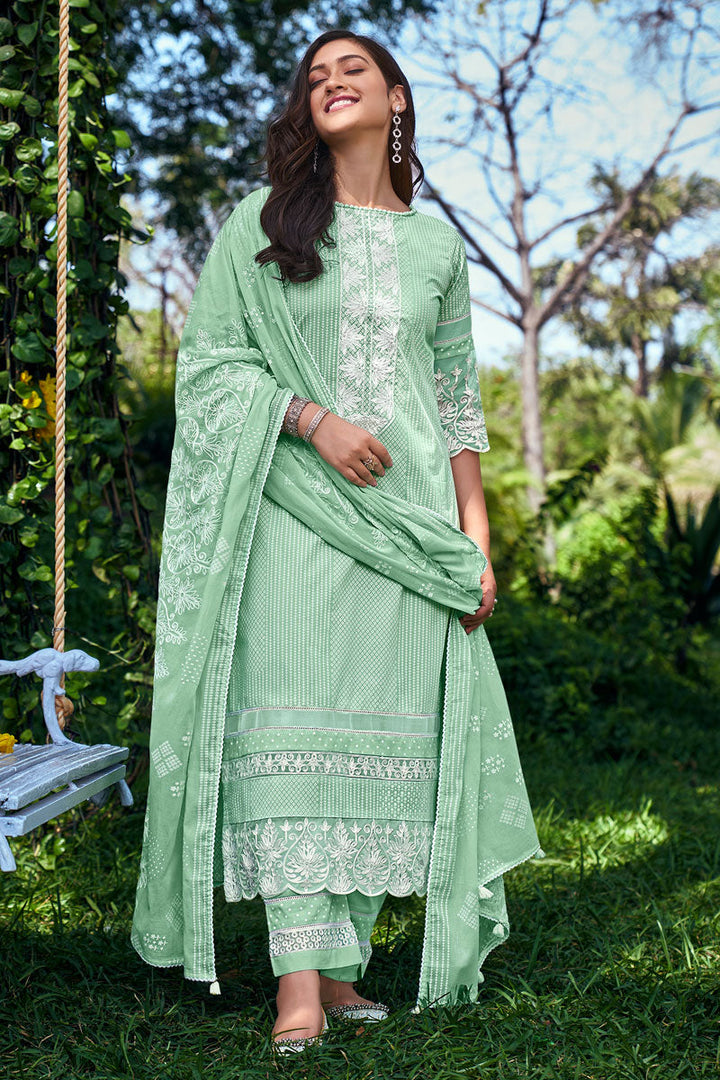 Embroidery Sea Green Color Festive Wear Pure Cotton Salwar Suit