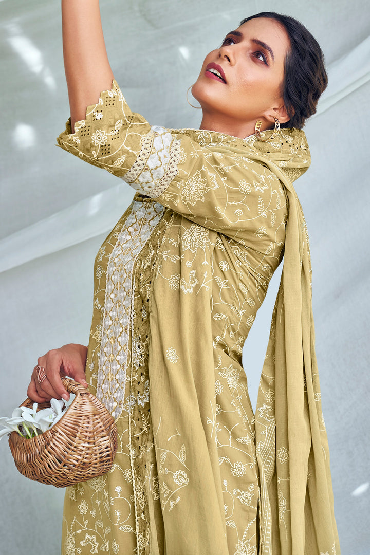 Beige Color Pure Cotton Khadi Block Print Long Straight Cut Salwar Suit