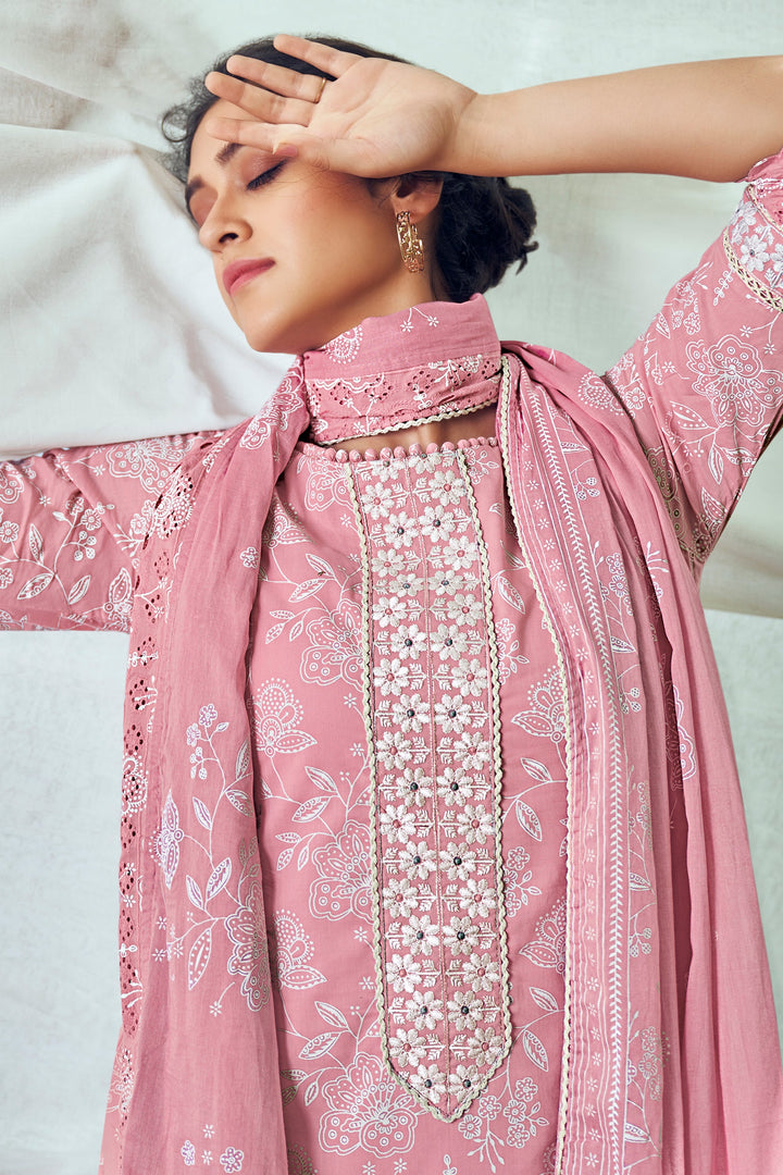 Pure Cotton Khadi Block Print Pink Color Long Straight Cut Salwar Kameez