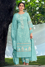 Load image into Gallery viewer, Pure Cotton Khadi Block Print Long Straight Cut Cyan Color Suit