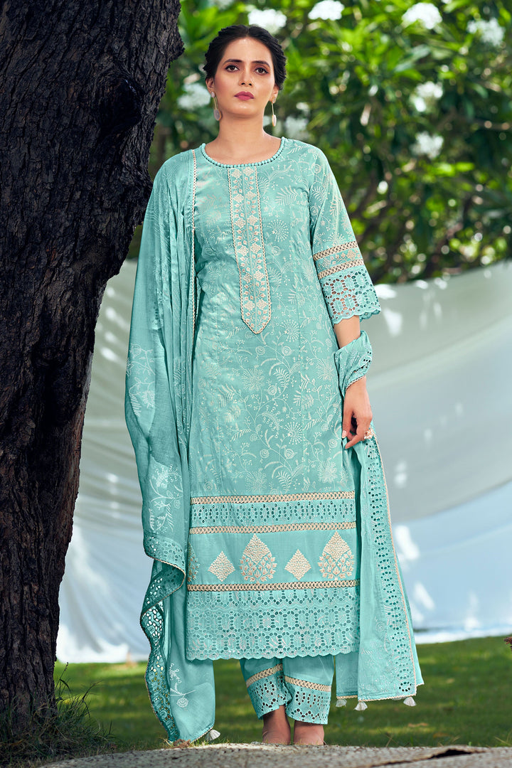Pure Cotton Khadi Block Print Long Straight Cut Cyan Color Suit