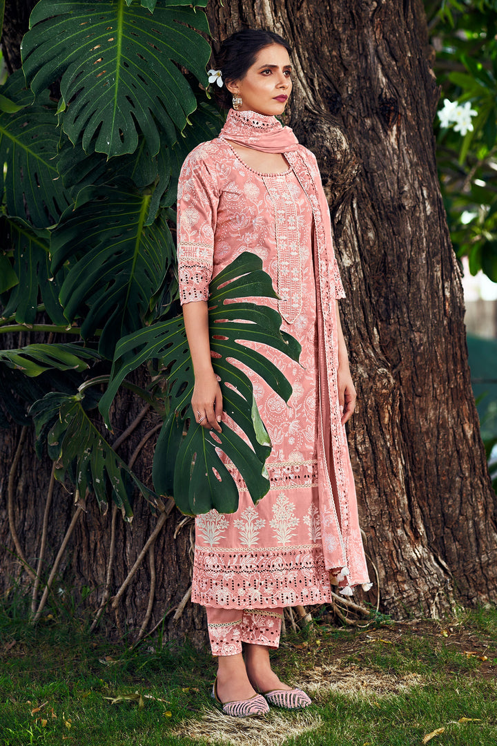 Pure Cotton Khadi Block Print Long Straight Cut Dress In Pink Color