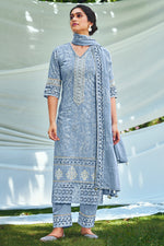 Load image into Gallery viewer, Grey Pure Cotton Khadi Block Print Long Straight Cut Salwar Suit