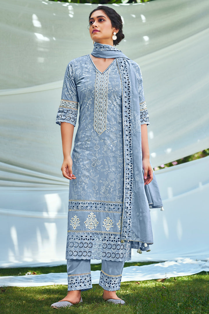 Grey Pure Cotton Khadi Block Print Long Straight Cut Salwar Suit