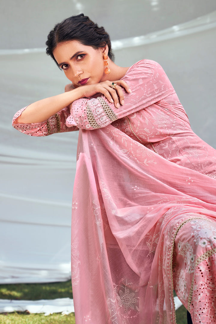 Pure Cotton Khadi Block Print Pink Long Straight Cut Salwar Kameez