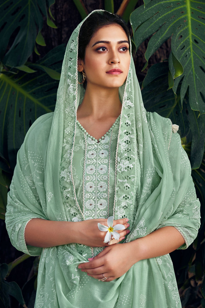 Pure Cotton Khadi Block Print Long Straight Cut Sea Green Suit