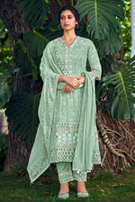 Load image into Gallery viewer, Pure Cotton Khadi Block Print Long Straight Cut Sea Green Suit