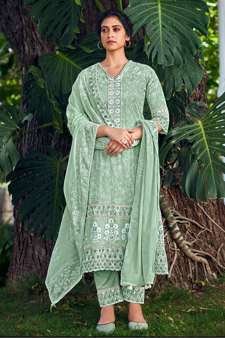Pure Cotton Khadi Block Print Long Straight Cut Sea Green Suit