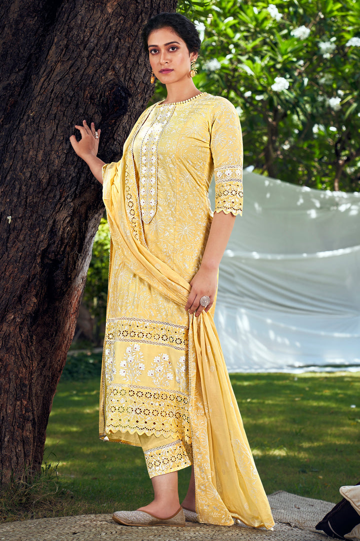 Pure Cotton Khadi Block Print Long Straight Cut Dress In Yellow Color
