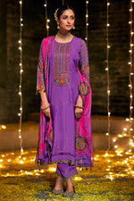 Load image into Gallery viewer, Purple Color Pure Bemberg Silk Gold Print With Embroidered Function Wear Long Straight Cut Salwar Kameez