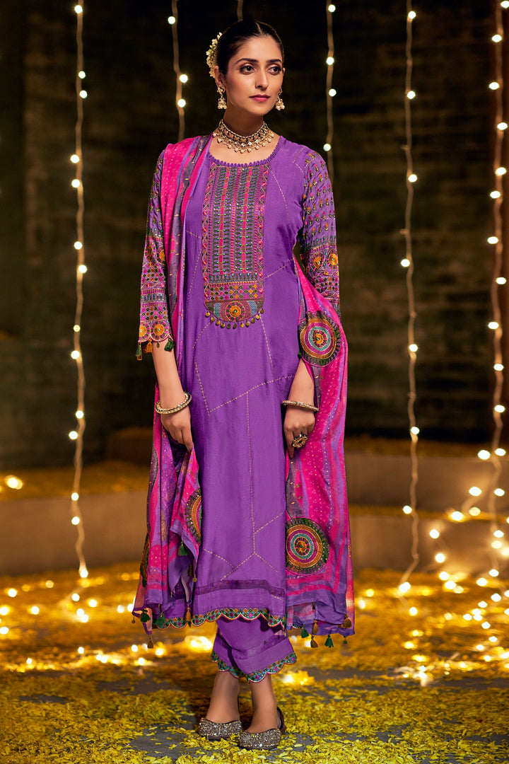 Purple Color Pure Bemberg Silk Gold Print With Embroidered Function Wear Long Straight Cut Salwar Kameez