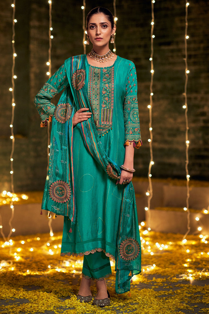 Pure Bemberg Silk Gold Print With Embroidered Cyan Color Trendy Festive Wear Long Straight Cut Salwar Suit