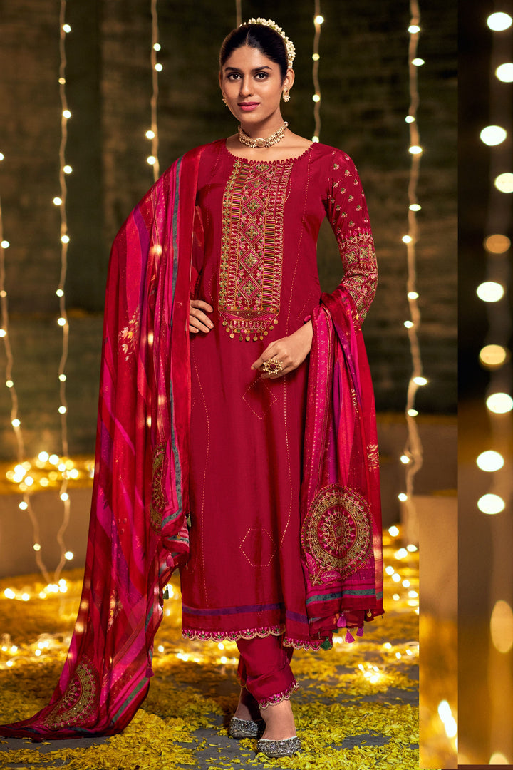 Red Color Pure Bemberg Silk Gold Print With Embroidered Diwali Special Stylish Long Straight Cut Suit