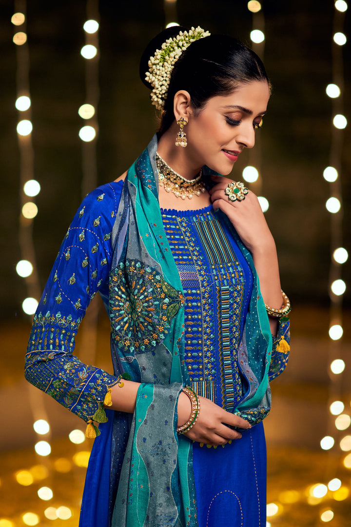 Designer Pure Bemberg Silk Gold Print With Embroidered Blue Color Function Wear Long Straight Cut Salwar Kameez
