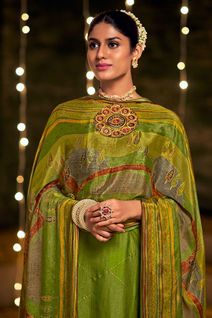 Pure Bemberg Silk Gold Print With Embroidered Green Color Festive Wear Long Straight Cut Indian Salwar Suit