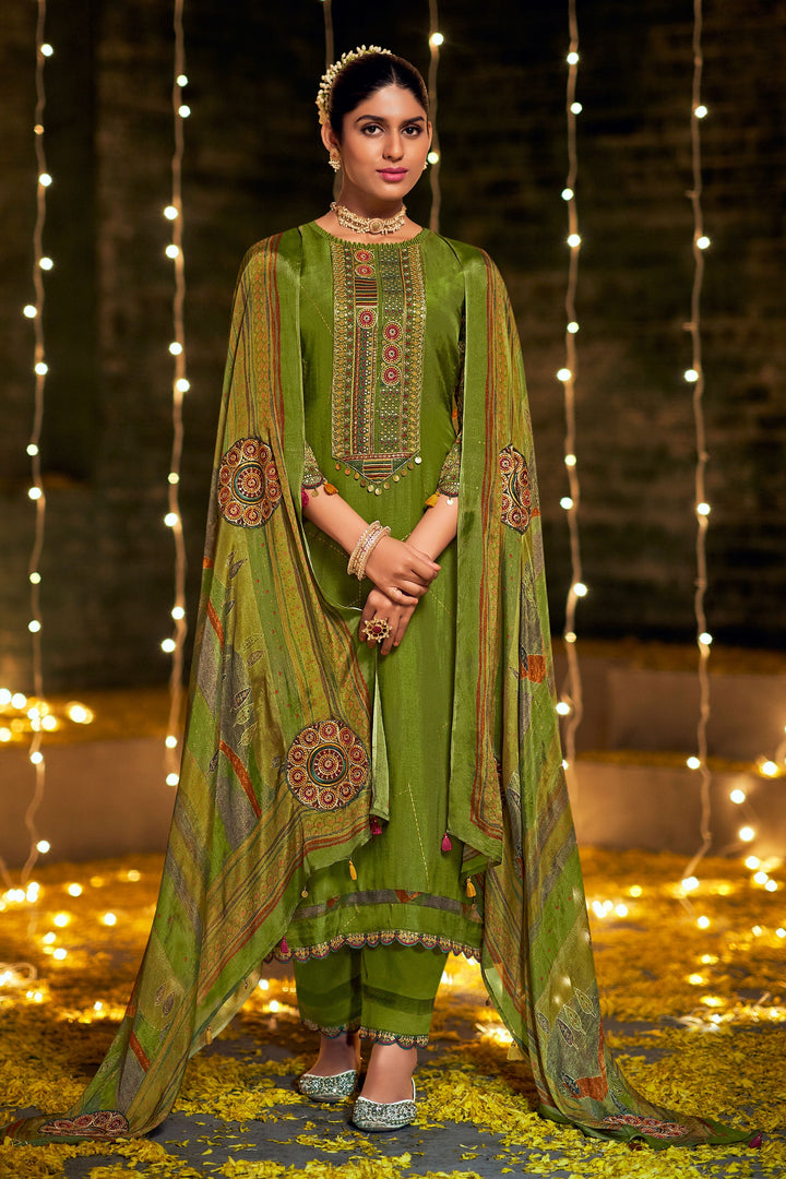 Pure Bemberg Silk Gold Print With Embroidered Green Color Festive Wear Long Straight Cut Indian Salwar Suit
