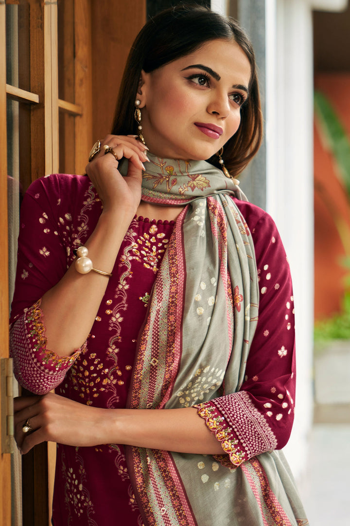Pure Moga Silk Jacquard And Batik Placement Print Function Wear Maroon Color Salwar Suit