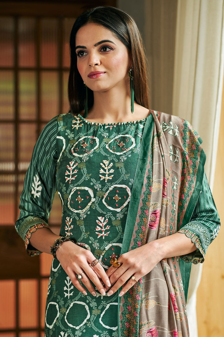 Green Color Festive Wear Pure Moga Silk Jacquard And Batik Placement Print Salwar Kameez