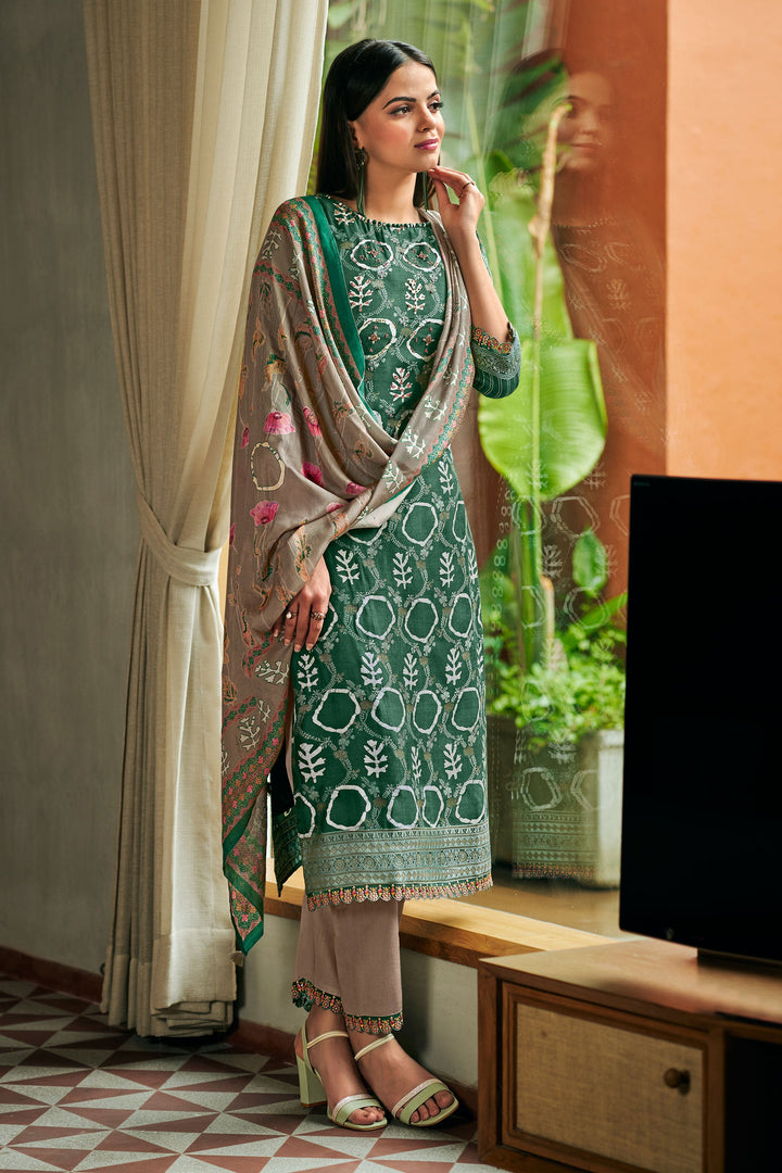 Green Color Festive Wear Pure Moga Silk Jacquard And Batik Placement Print Salwar Kameez