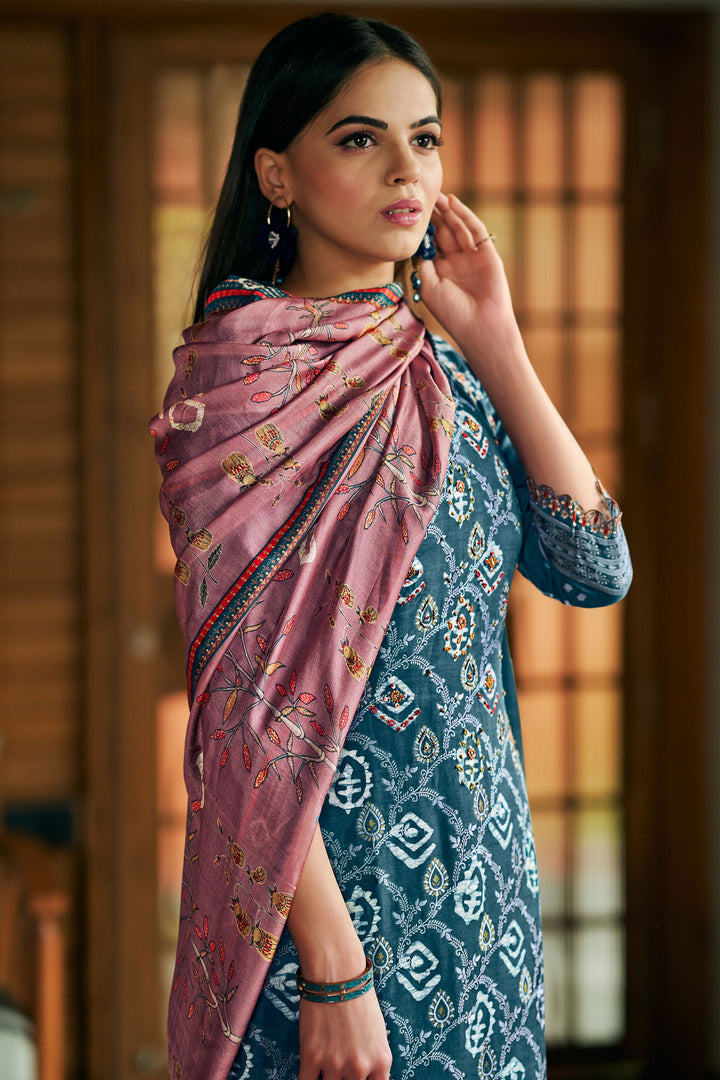 Teal Color Pure Moga Silk Jacquard And Batik Placement Print Salwar Suit