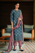 Load image into Gallery viewer, Teal Color Pure Moga Silk Jacquard And Batik Placement Print Salwar Suit