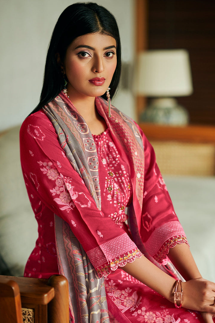Pure Moga Silk Jacquard And Batik Placement Print Salwar Kameez In Pink Color