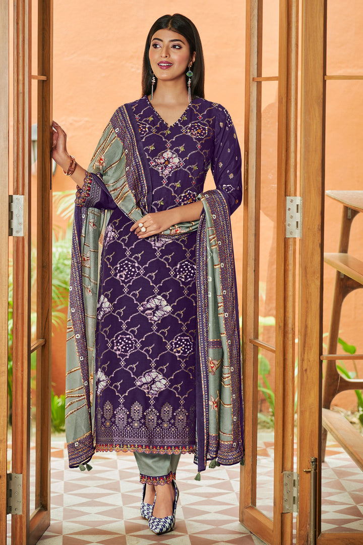 Purple Color Pure Moga Silk Jacquard And Batik Placement Print Salwar Suit