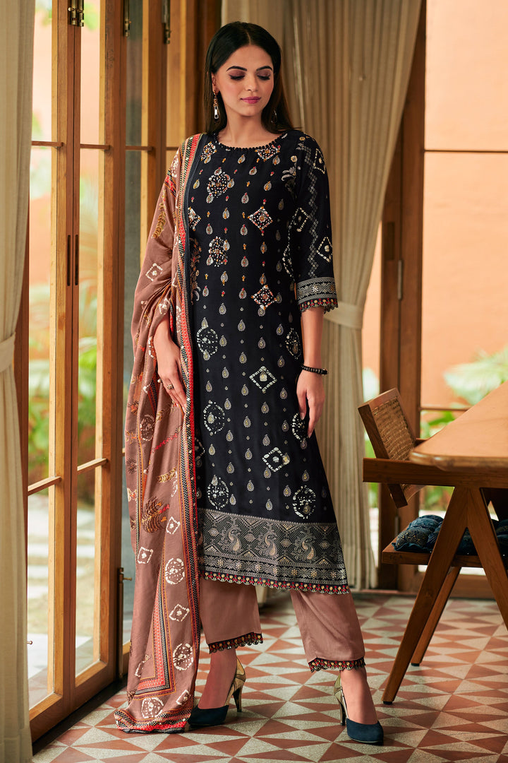 Black Color Pure Moga Silk Jacquard And Batik Placement Print Function Wear Fancy Salwar Kameez