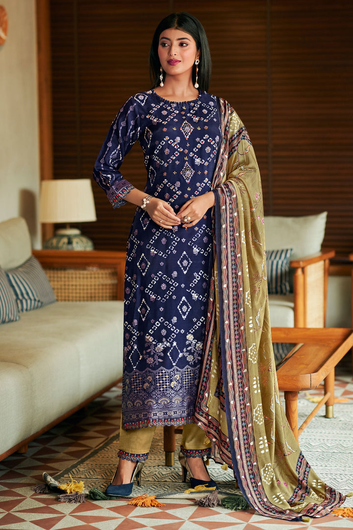 Pure Moga Silk Jacquard And Batik Placement Print Navy Blue Color Festive Wear Stylish Salwar Suit