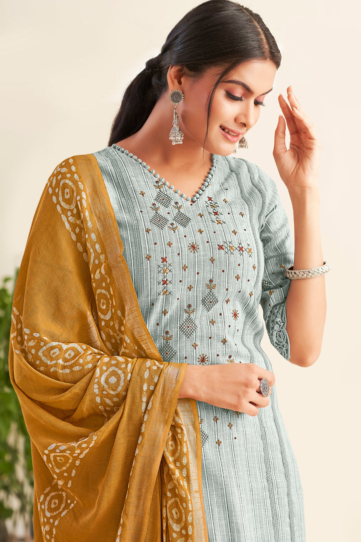 Grey Pure South Cotton Lining Long Straight Cut Suit With Fancy Embroidery Work