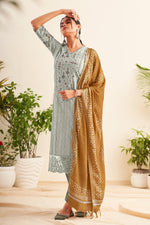 Load image into Gallery viewer, Grey Pure South Cotton Lining Long Straight Cut Suit With Fancy Embroidery Work