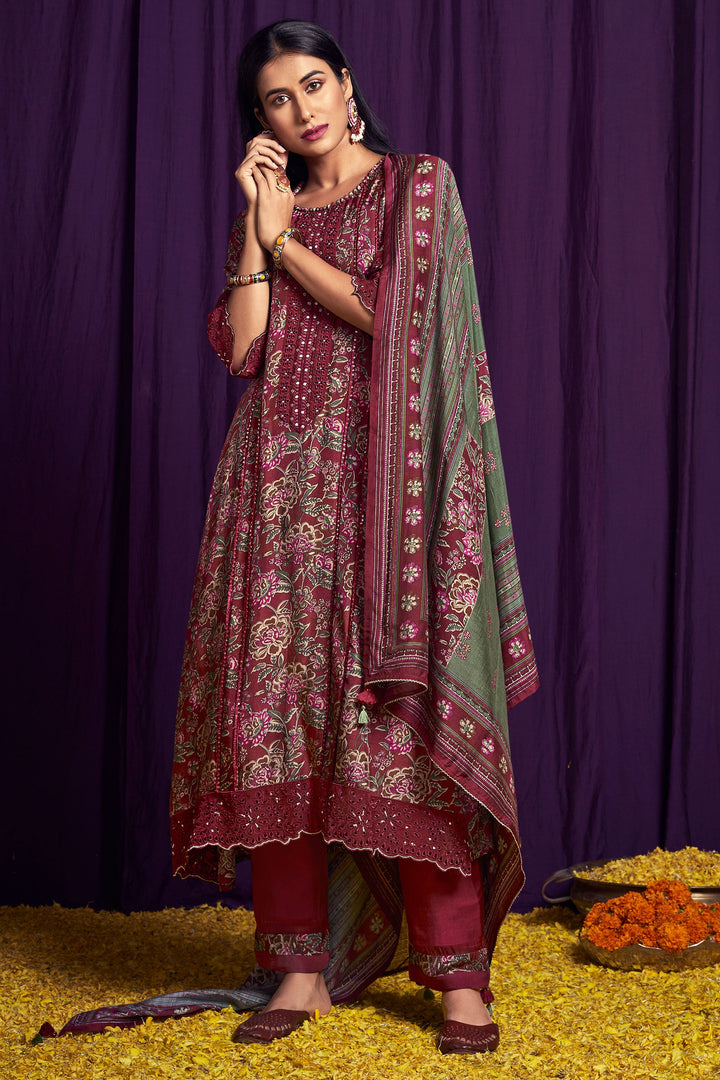 Maroon Color Festive Wear Pure Bemberg Silk Digital Print Salwar Suit